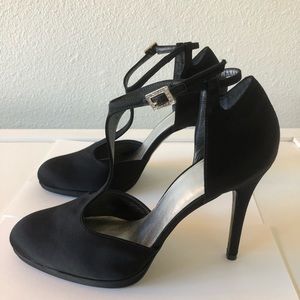 Stuart Weitzman Black Satin T-Strap High Heels